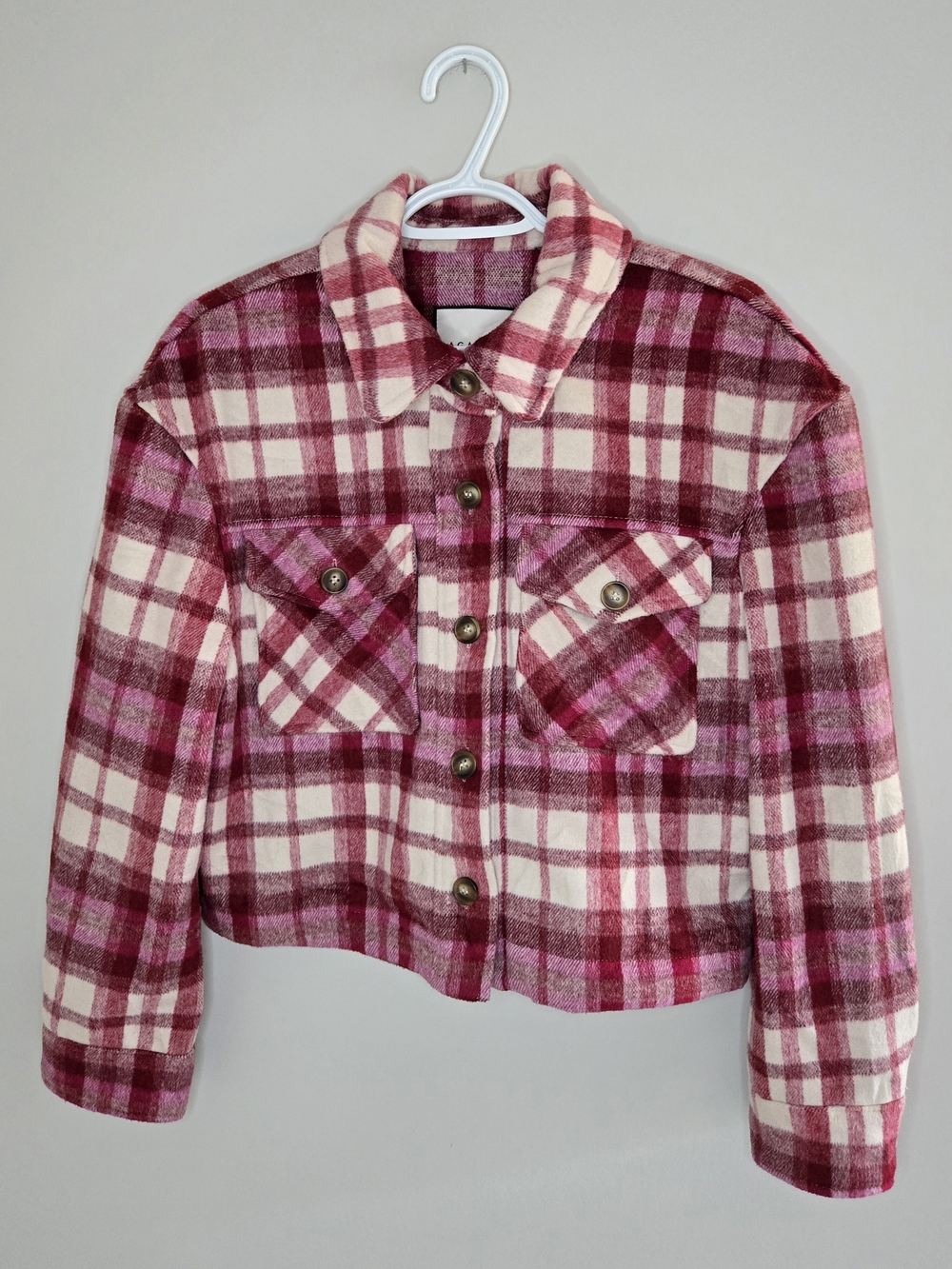 bagatelle pink, cream wool blend plaid utility jacket, front flap pockets, new